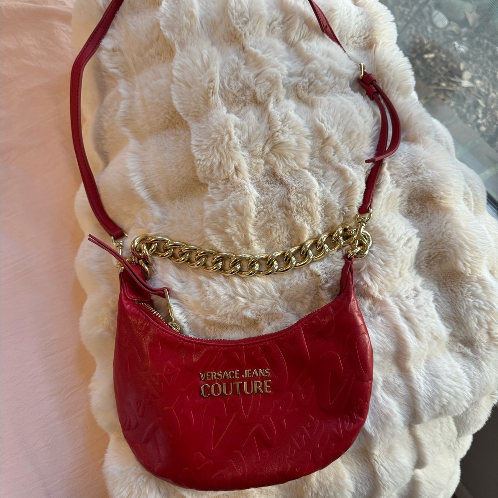 Versace Jeans Collection Red Shoulder Bag with Gold Chain Accent